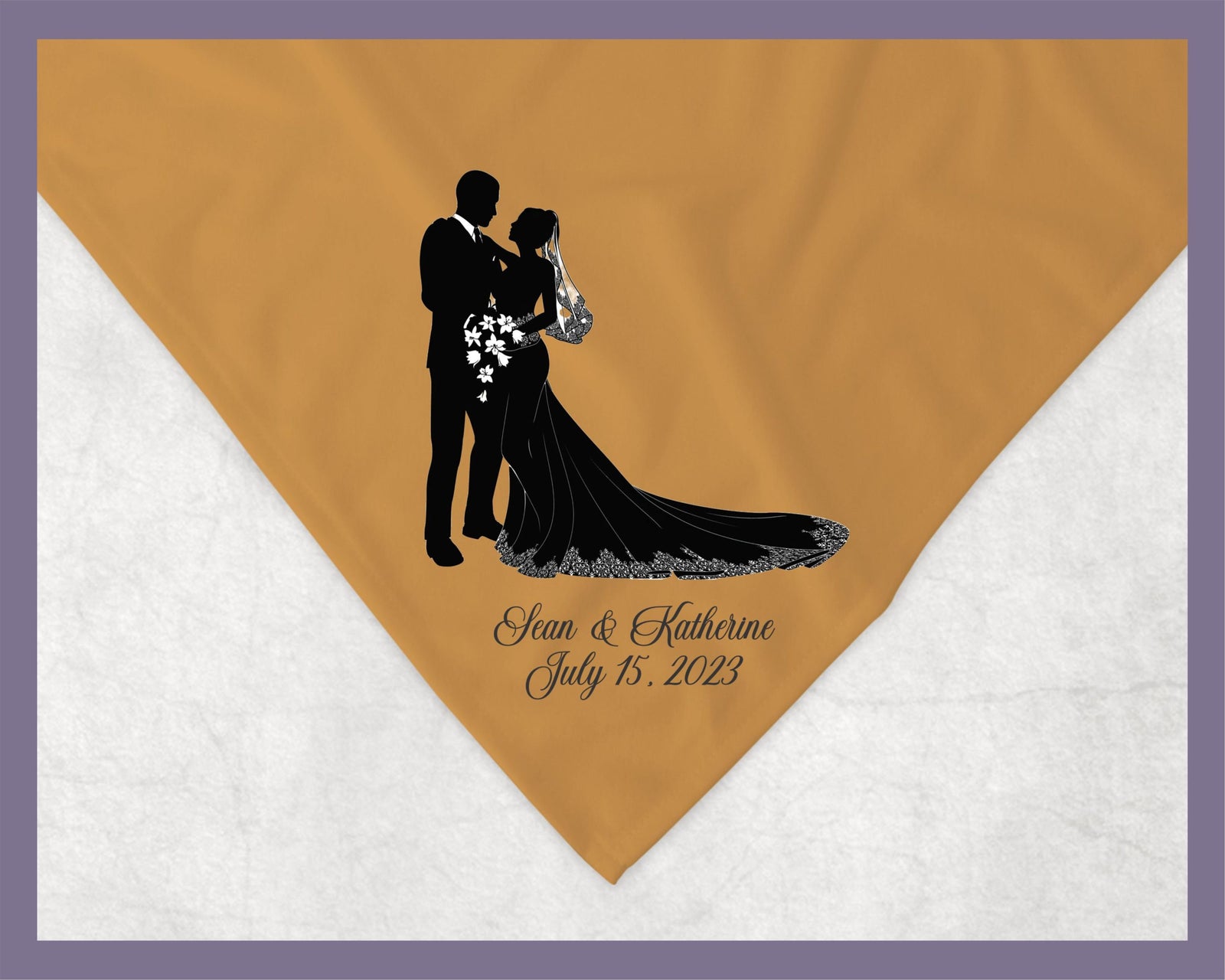 May include: A gold wedding blanket with a black silhouette of a bride and groom. The text on the blanket reads 'Sean & Katherine July 15, 2023'.
