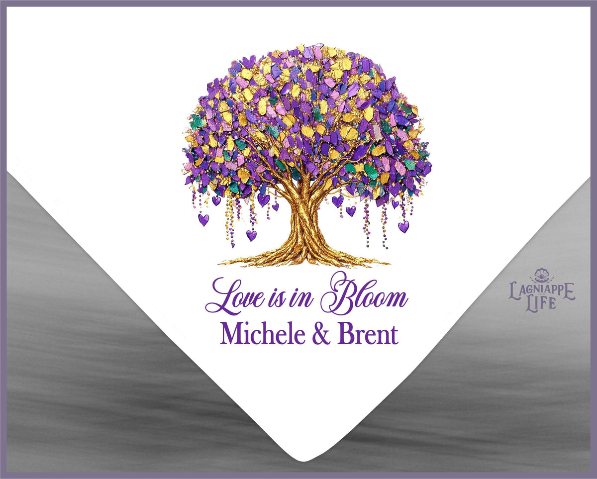 Personalized Mardi Gras Wedding Handkerchief | Love Is in Bloom Second Line Hankie | New Orleans Wedding Favor | Purple Green Gold Wedding