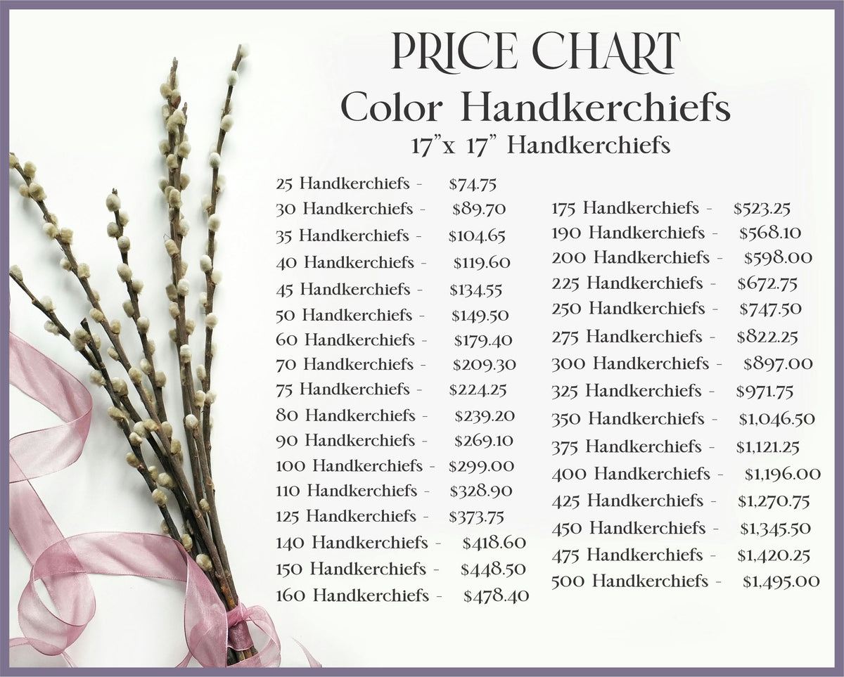 a price chart for color Handkerchiefs, with a total of 17 x 17 Handkerchiefs. The chart lists the prices for different quantities of Handkerchiefs, ranging from 25 to 500.