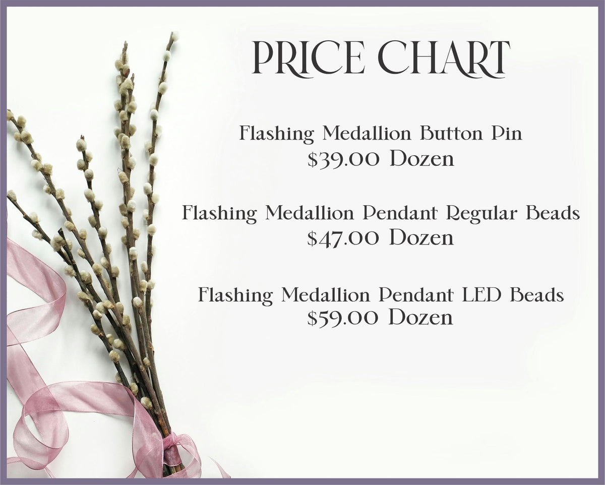a price chart for various items, including a flashing Medallion Button Pin for $39.00, a flashing Medallion Pendant Regular Beads for $47.00, and a flashing Medallion Pendant LED Beads for $59.00.