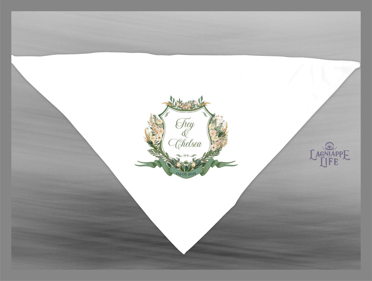 a white napkin with a crest on it