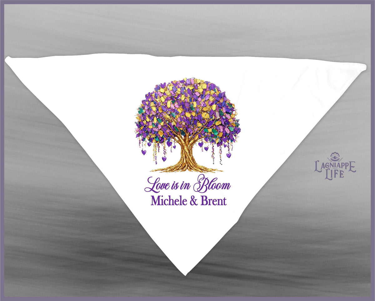 Personalized Mardi Gras Wedding Handkerchief | Love Is in Bloom Second Line Hankie | New Orleans Wedding Favor | Purple Green Gold Wedding