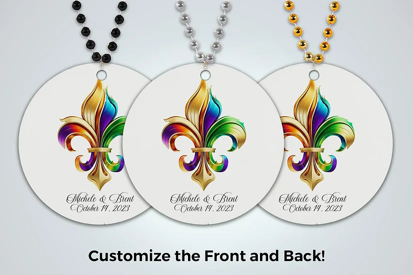 three personalized necklaces with a fleur de lis design