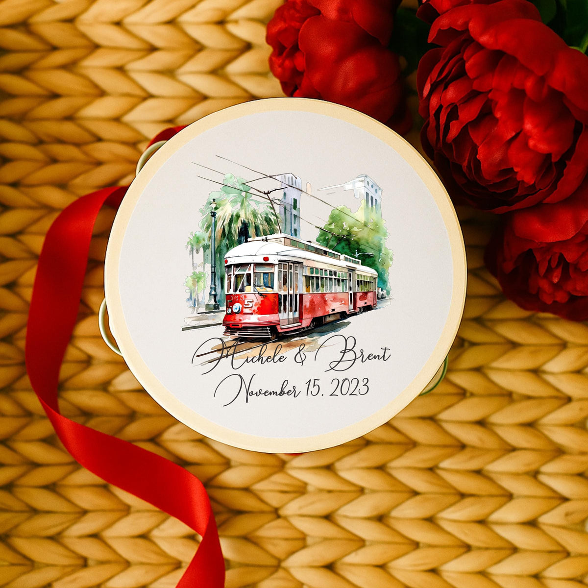 100 Custom Printed Tambourines for weddings seating, parties, and second lines Unique Wedding Favor Ribbon Not Included