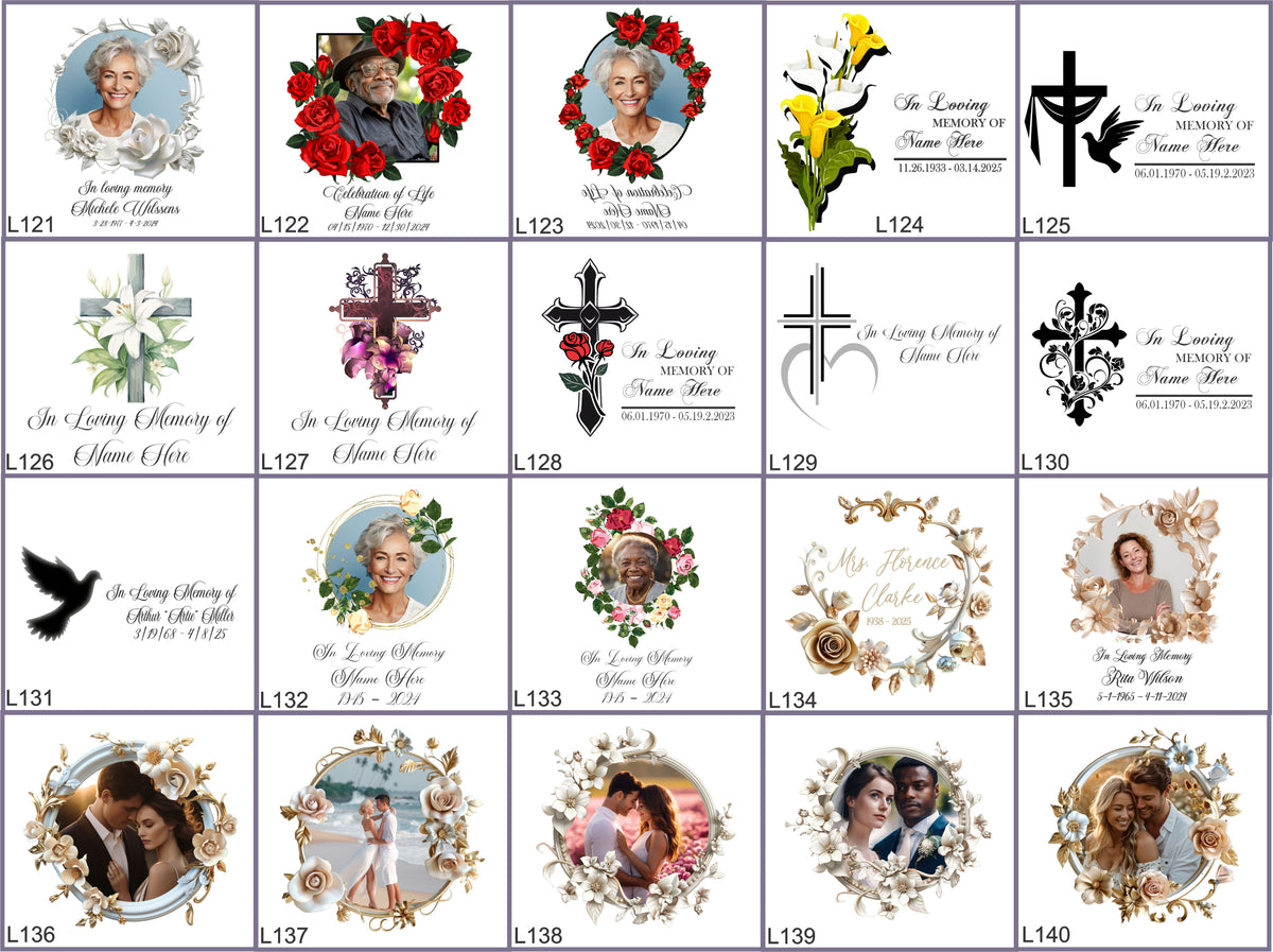 a collage of various images, including portraits, floral arrangements, and other decorative elements, all framed within ornate borders. The images depict people, flowers, and other elements that are commonly associated with memorials or memorials.