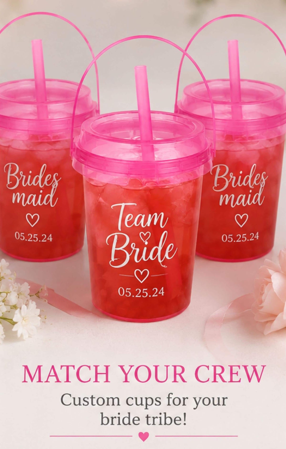Personalized Bucket Cups Custom Bridal Party Drink Cups with Straw Bridesmaid Cups Party Cups Birthday Bucket Cups