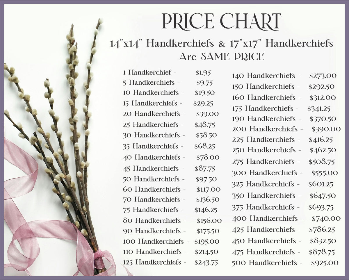 a price chart for 14x14 and 17x17 handkerchiefs, with prices ranging from $1.95 to $9.75.