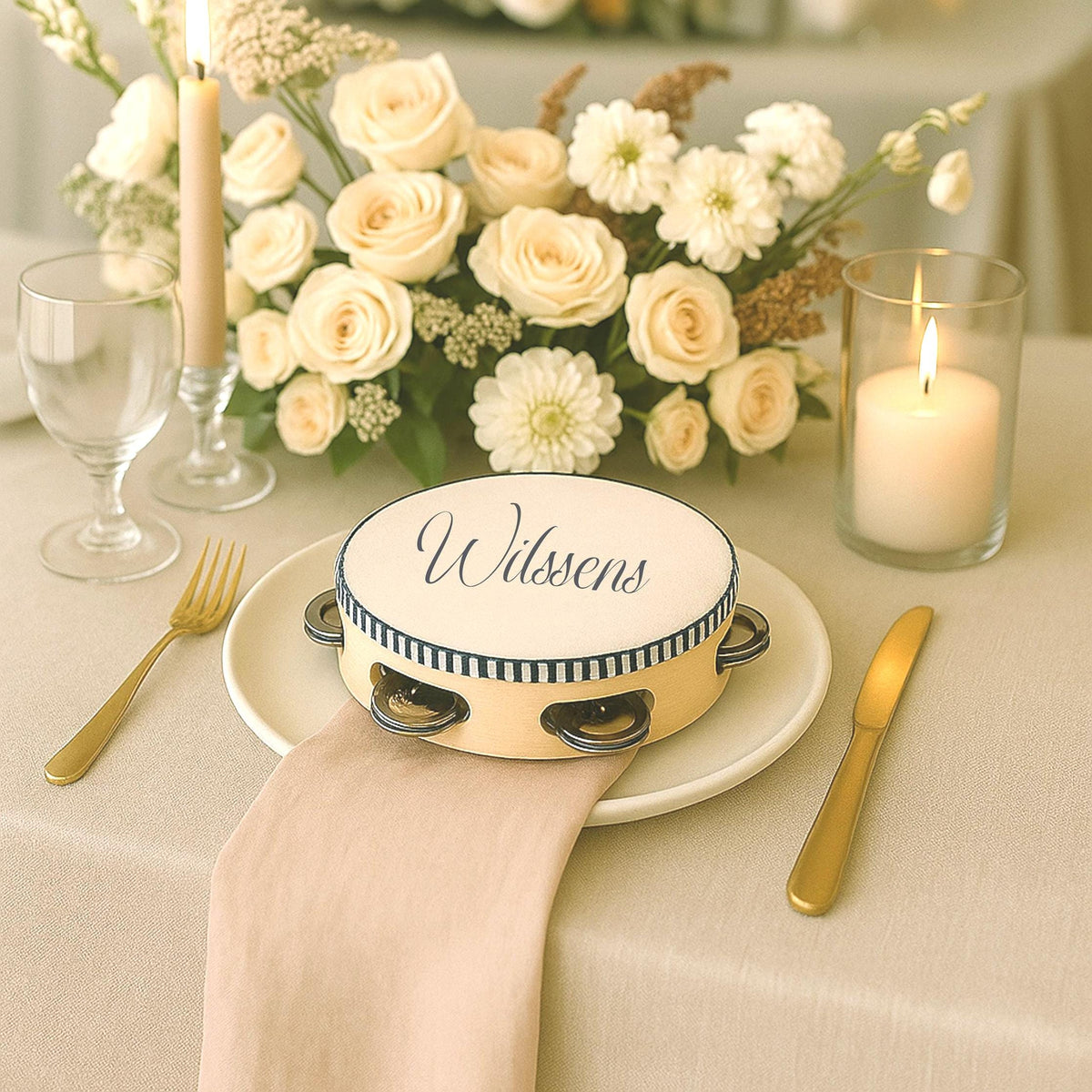 60 Custom Printed Tambourines for weddings seating, parties, and second lines Unique Wedding Favor Ribbon Not Included