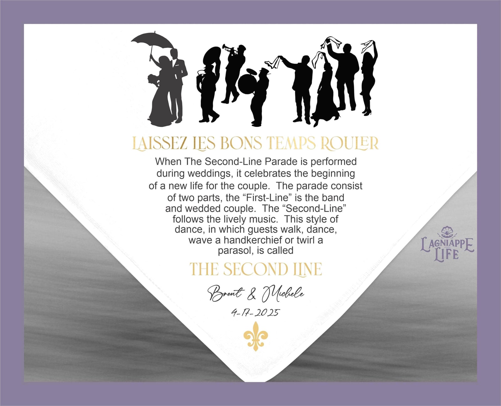 a white napkin with a silhouette of people holding an umbrella