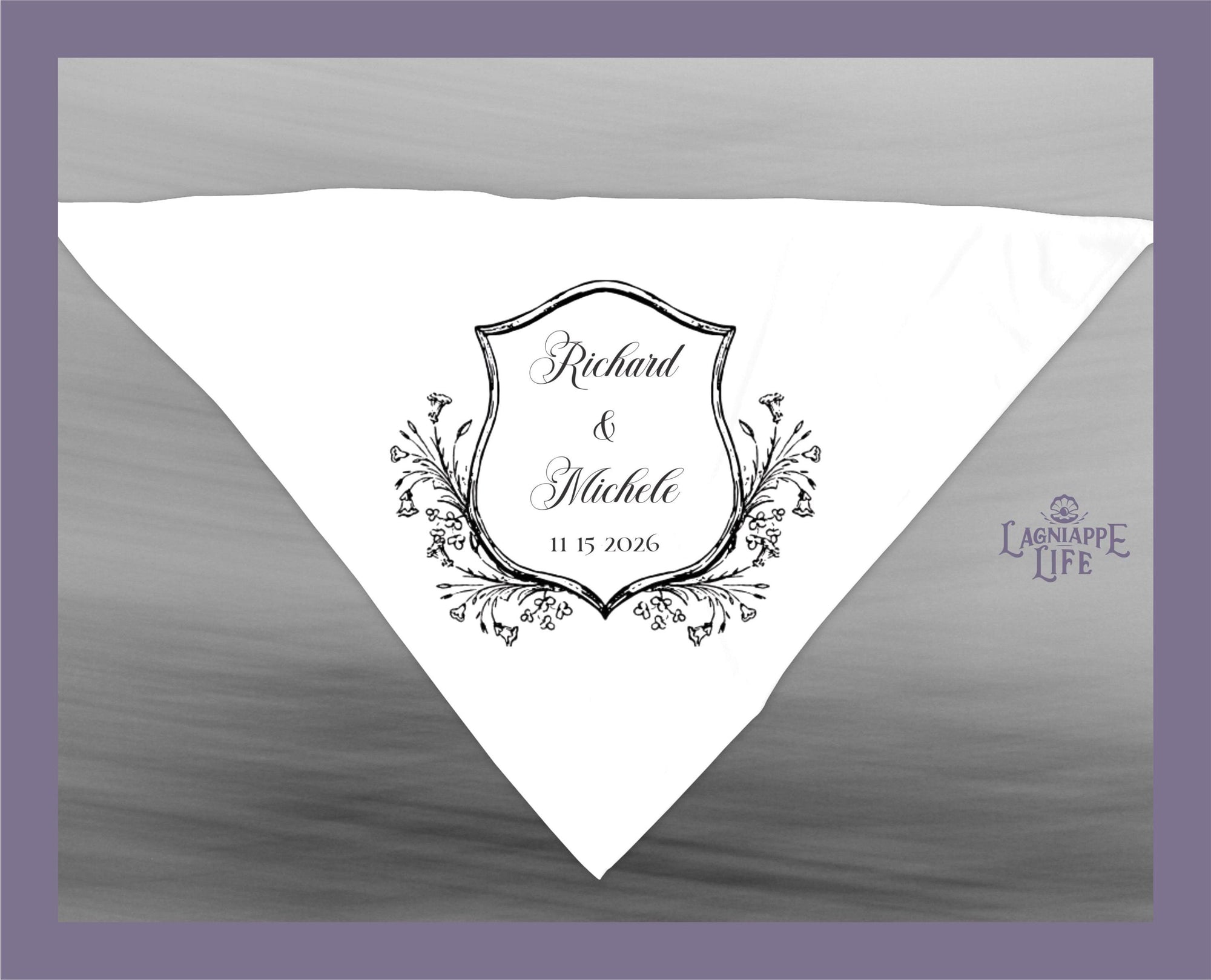 May include: A white wedding napkin with a black and white crest design. The crest features a shield with the text &#39;Richard & Michele&#39; and the date &#39;11 15 2026&#39;. The crest is surrounded by a floral design.