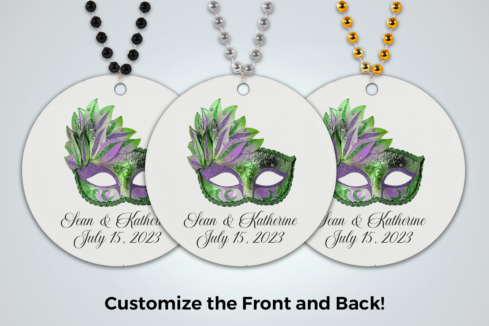 three tags with a mardi gras mask on them
