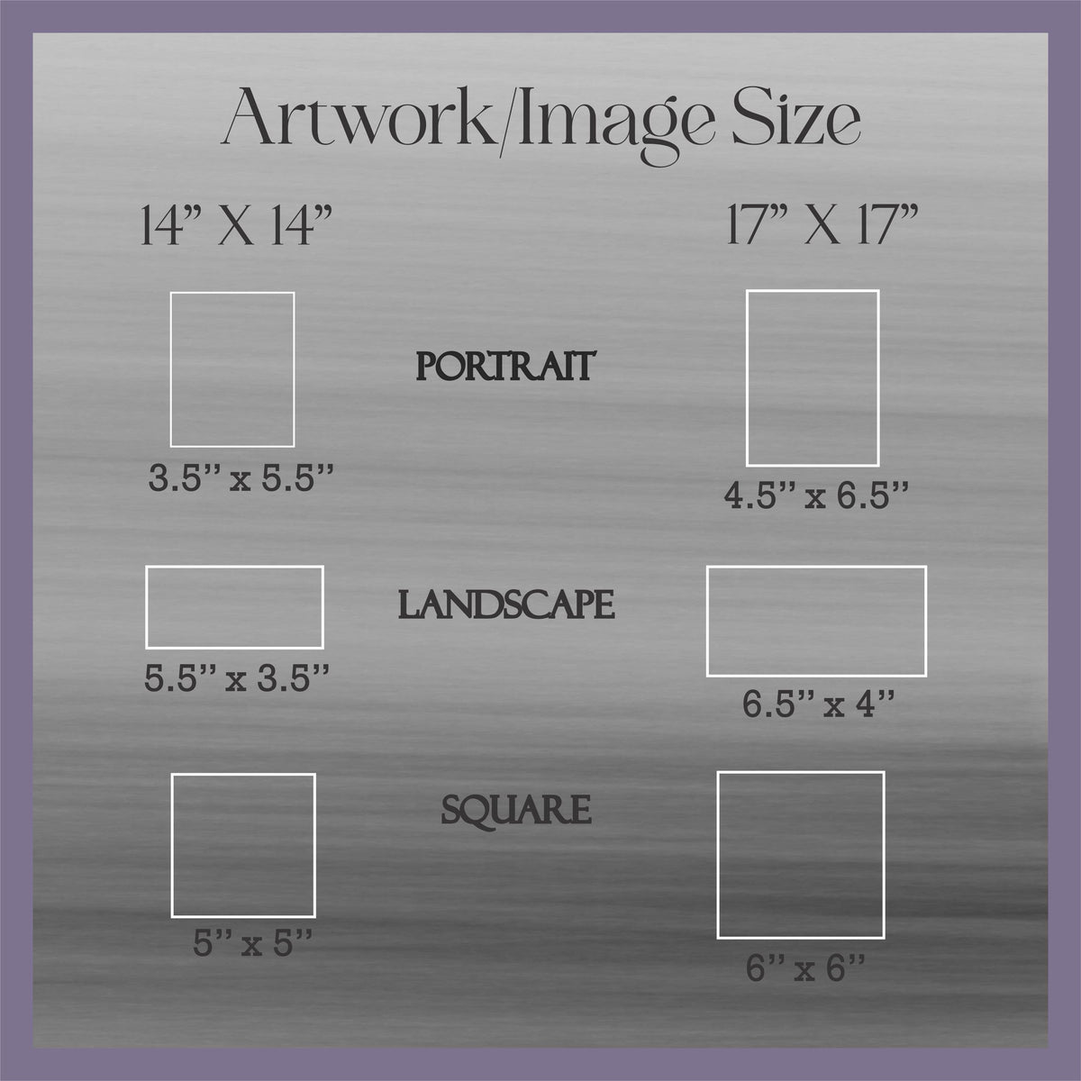 a collection of different artworks and images, each with a specific size and description. The artworks and images vary in size, ranging from 14" X 14" to 17" X 17", and include portraits, landscapes, and squares. The descriptions provided are clear and concise, avoiding redundancy and focusing on the visual content of the artworks and images.