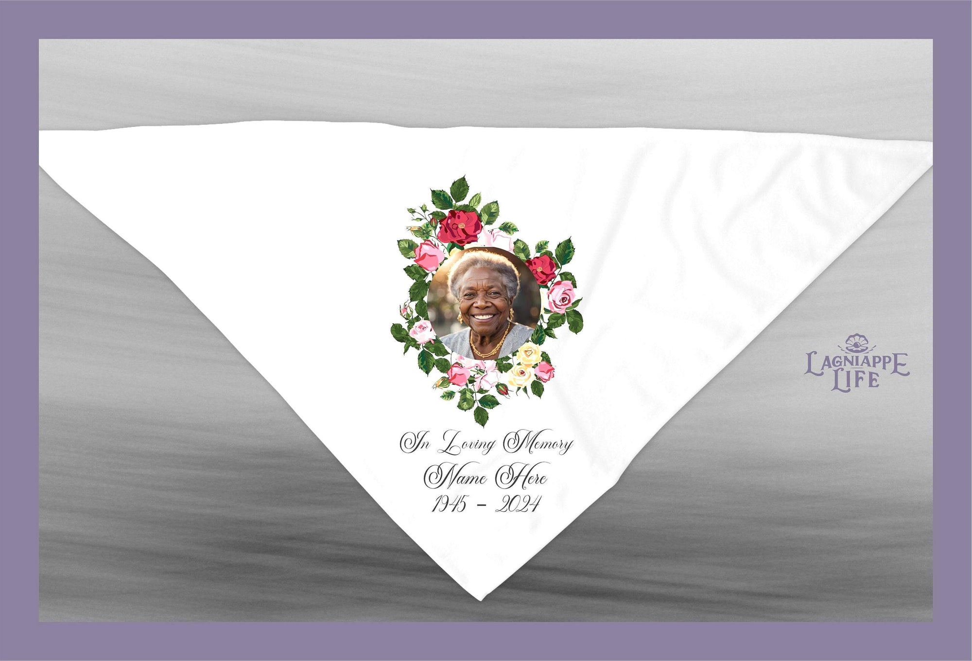 a white handkerchief with a picture of a woman on it