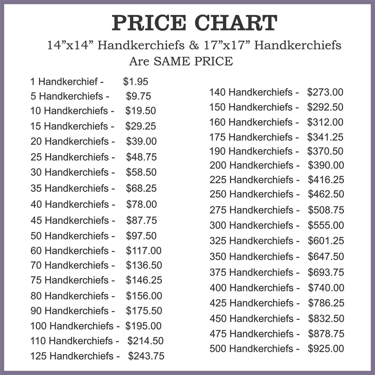 a price chart for 14&quot;x14&quot; and 17&quot;x17&quot; Handkerchiefs, with prices ranging from $1.95 to $9.75.