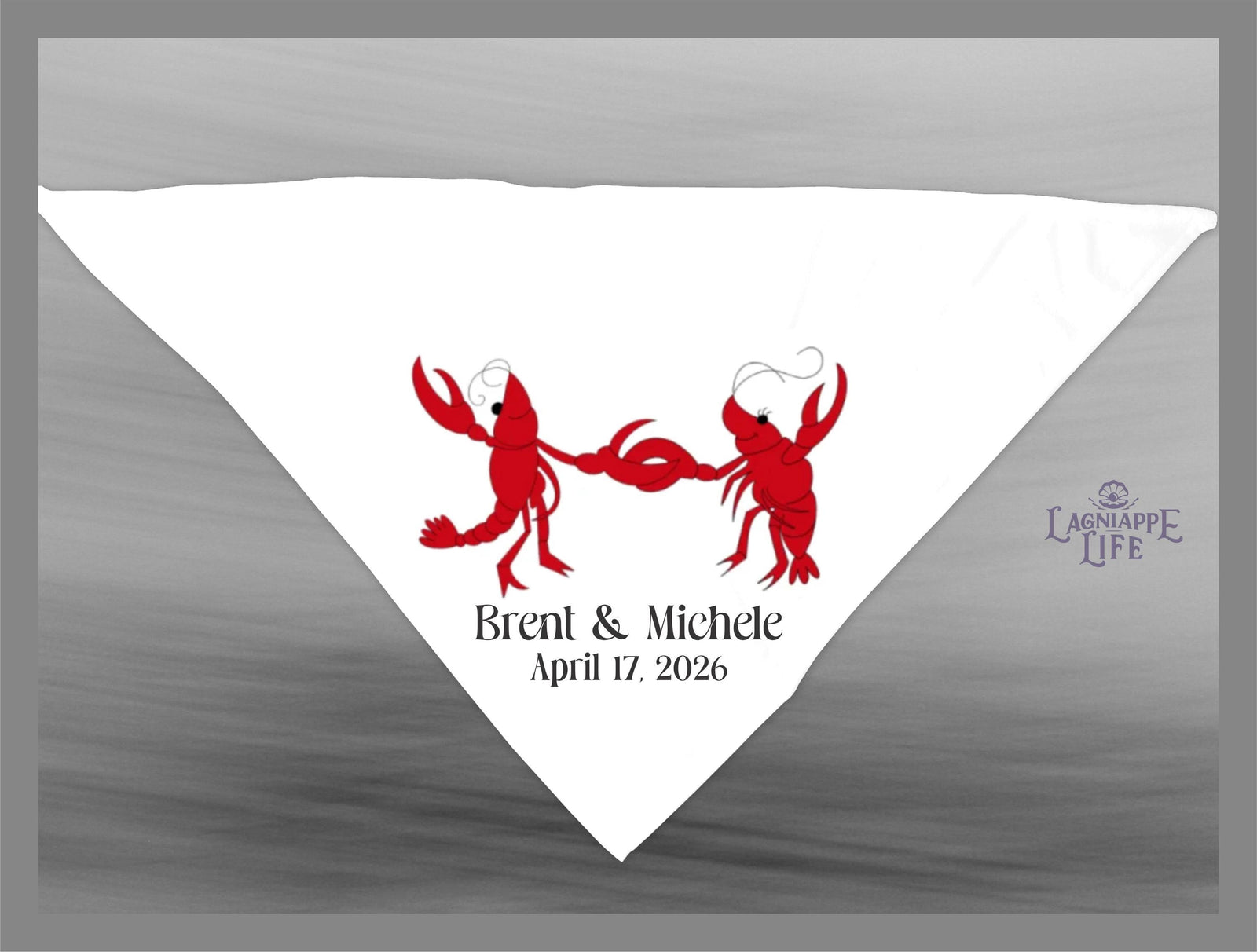 May include: Two red cartoon lobsters with white chef hats holding hands. The text below reads &#39;Brent & Michele April 17, 2026&#39;.