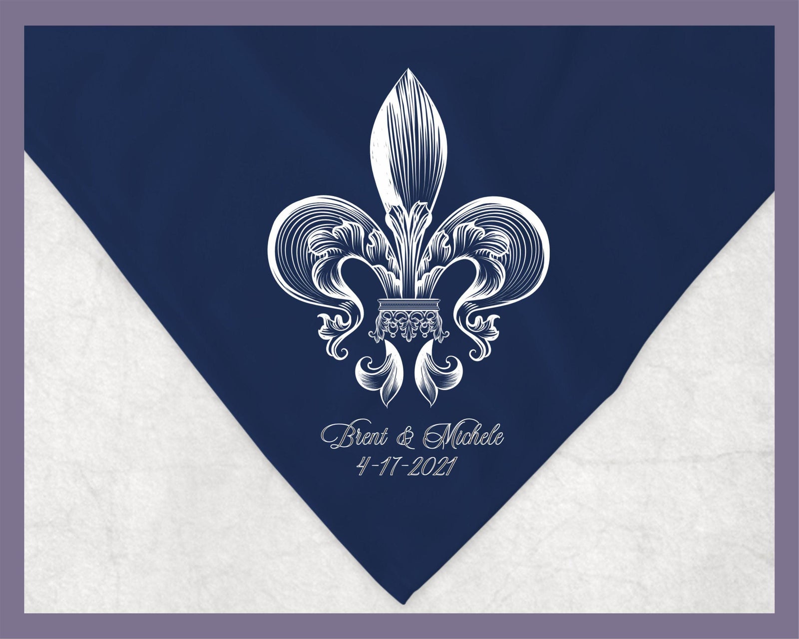 a blue and white wedding handkerchief with a fleur de lis design
