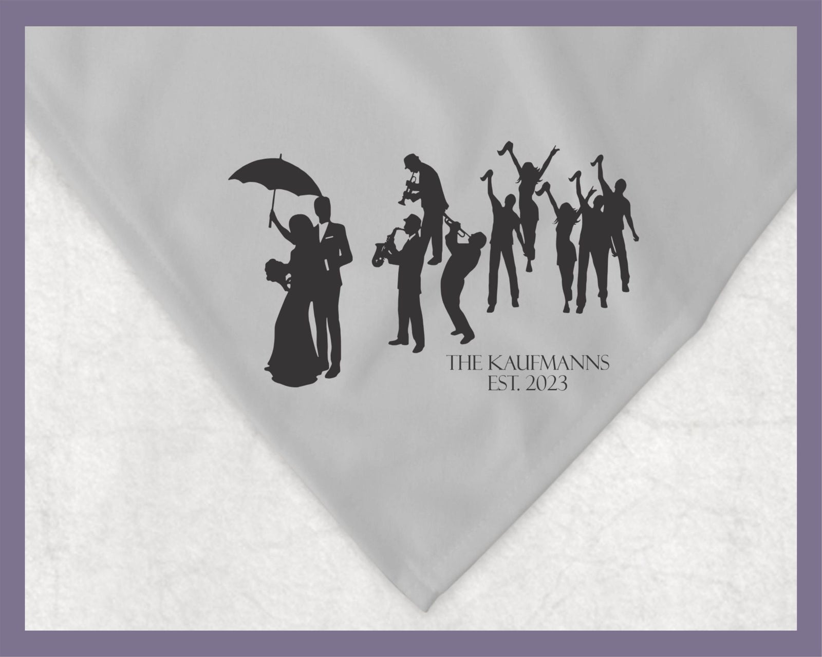 May include: A gray and white fleece blanket with a black silhouette of a bride and groom under an umbrella. The silhouette of a band is to the right of the couple. The text &#39;THE KAUFFMANNS EST. 2023&#39; is below the silhouettes.