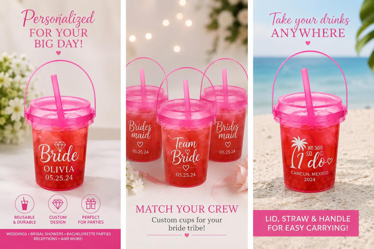 Personalized Bucket Cups Custom Bridal Party Drink Cups with Straw Bridesmaid Cups Party Cups Birthday Bucket Cups