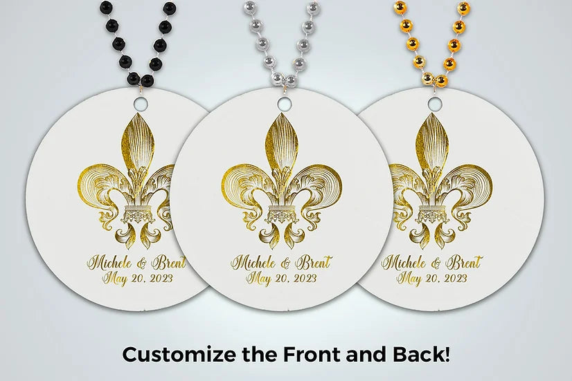 three personalized tags with a gold fleur de lis on them