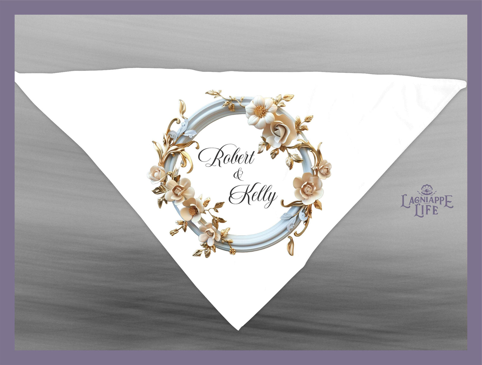 a white napkin with a floral design on it