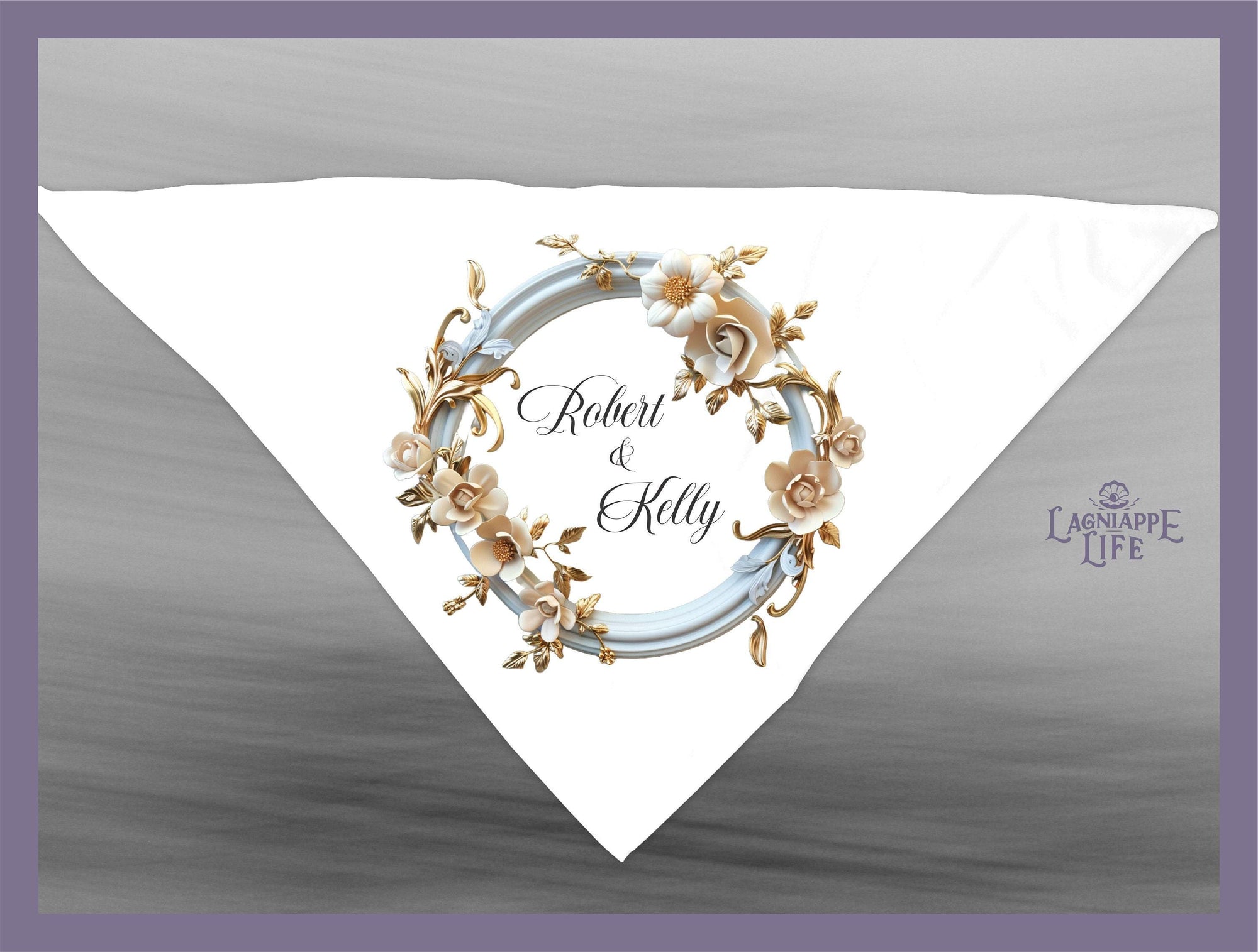 a white napkin with a floral design on it