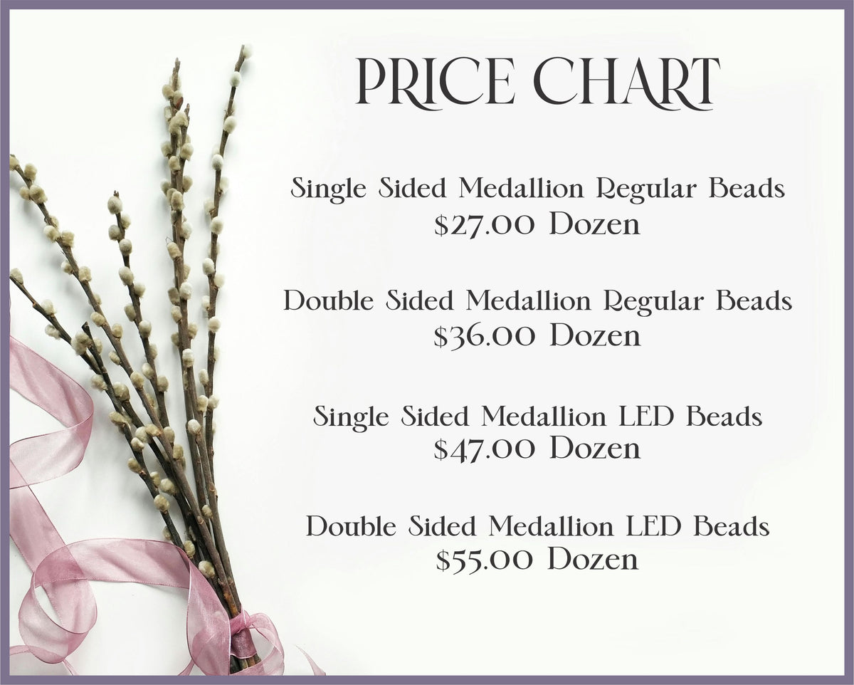 a price chart for various types of beads, including single sided medallion regular beads, double sided medallion regular beads, single sided medallion LED beads, and double sided medallion LED beads.