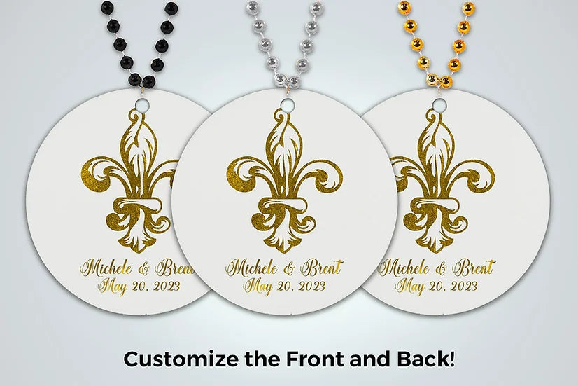 three personalized necklaces with gold fleur de lis on them