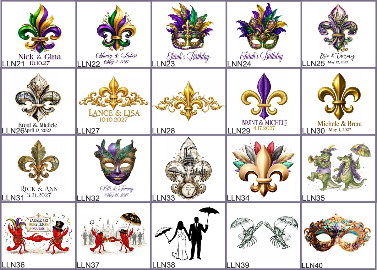a collection of various artistic and decorative motifs, including masks, flowers, and other embellishments, which are likely to be used for special occasions such as weddings, birthdays, or other celebrations.