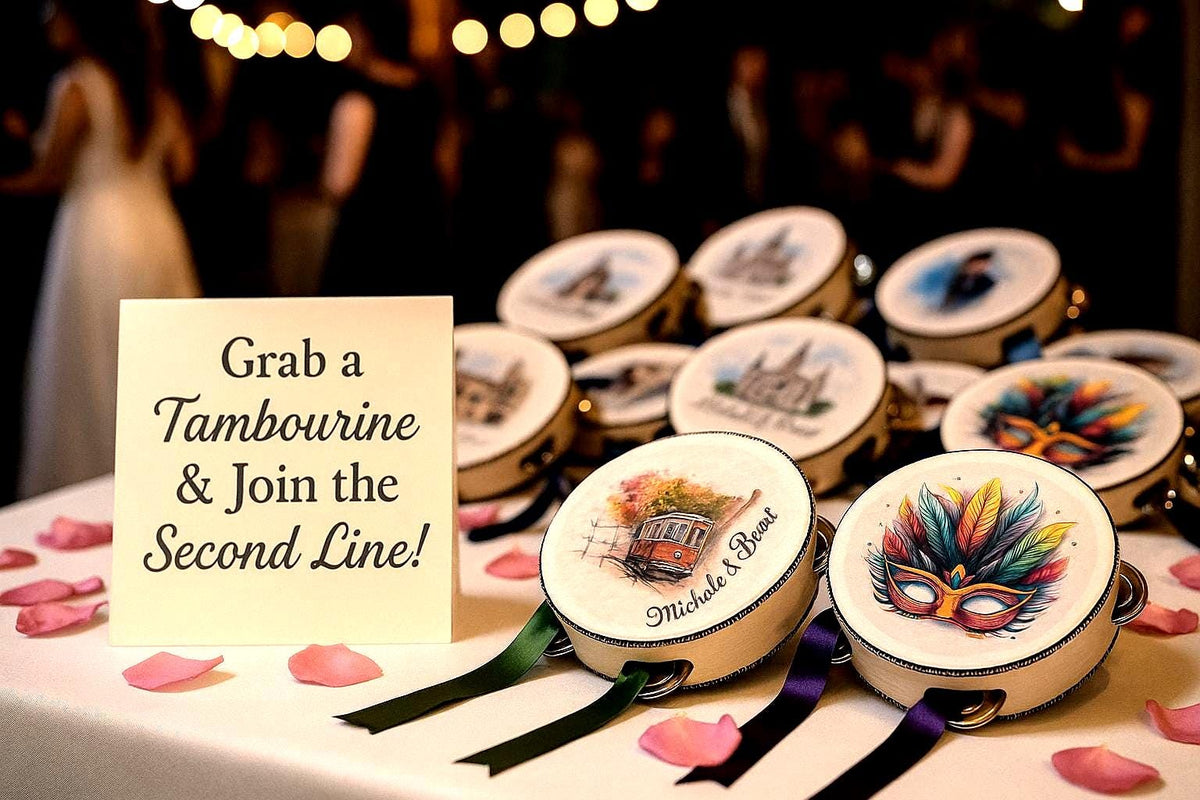 10 Custom Printed Tambourines for weddings seating, parties, and second lines Unique Wedding Favor Ribbon Not Included