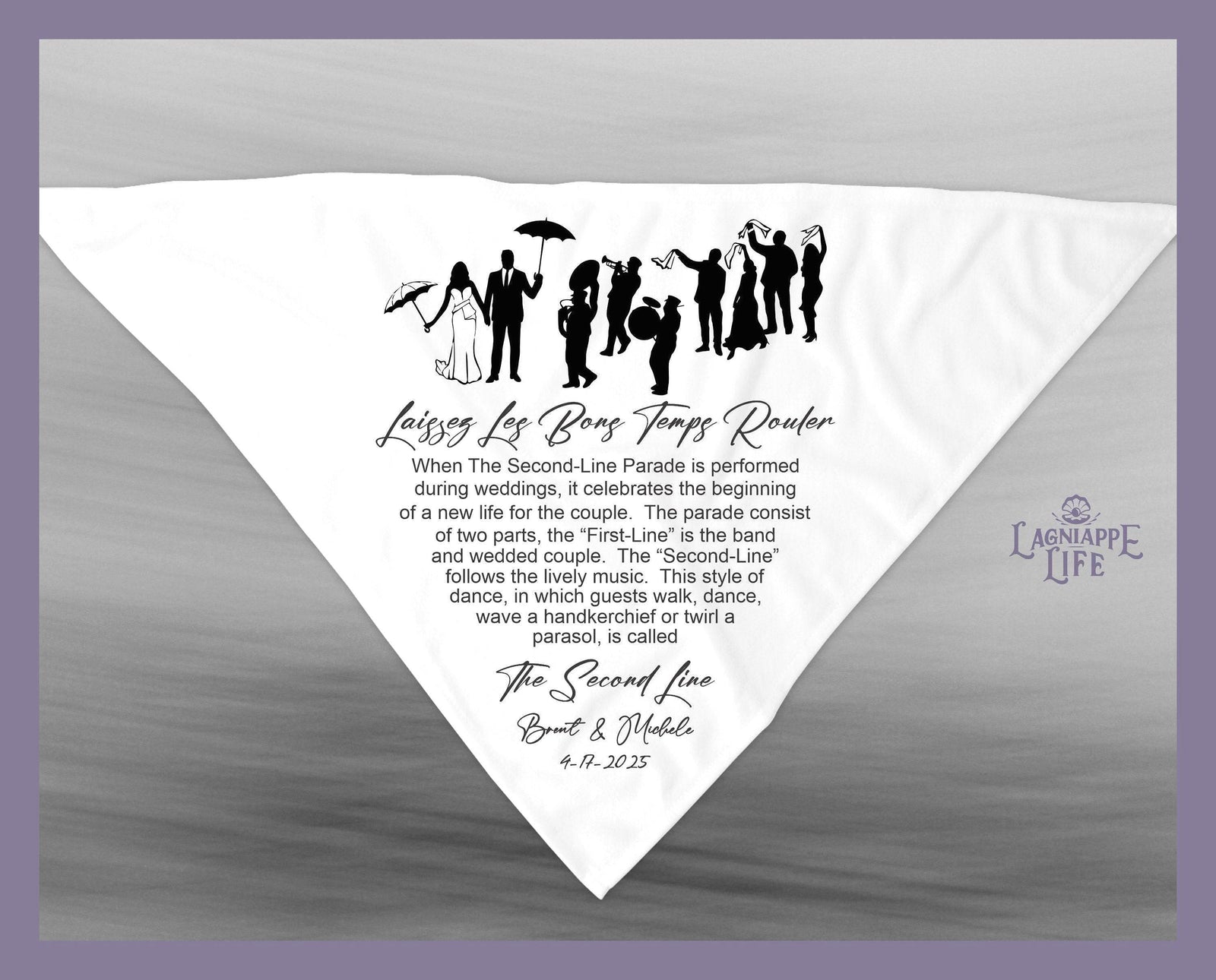 a white handkerchief with a picture of people holding an umbrella