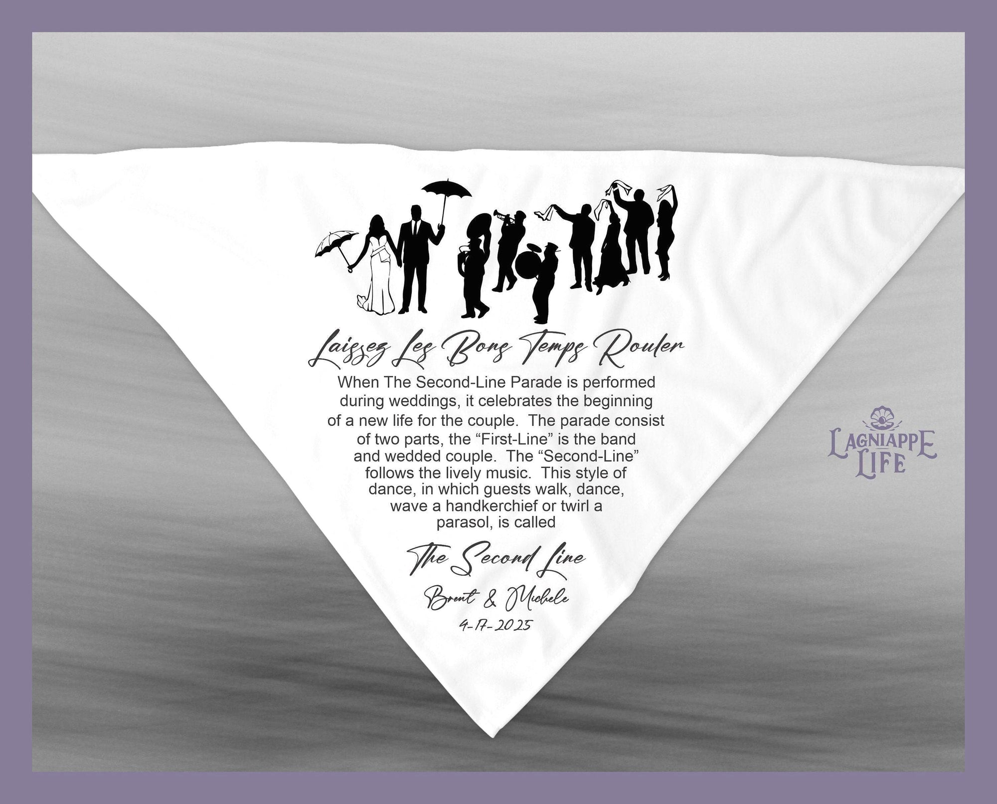 a white handkerchief with a picture of people holding an umbrella