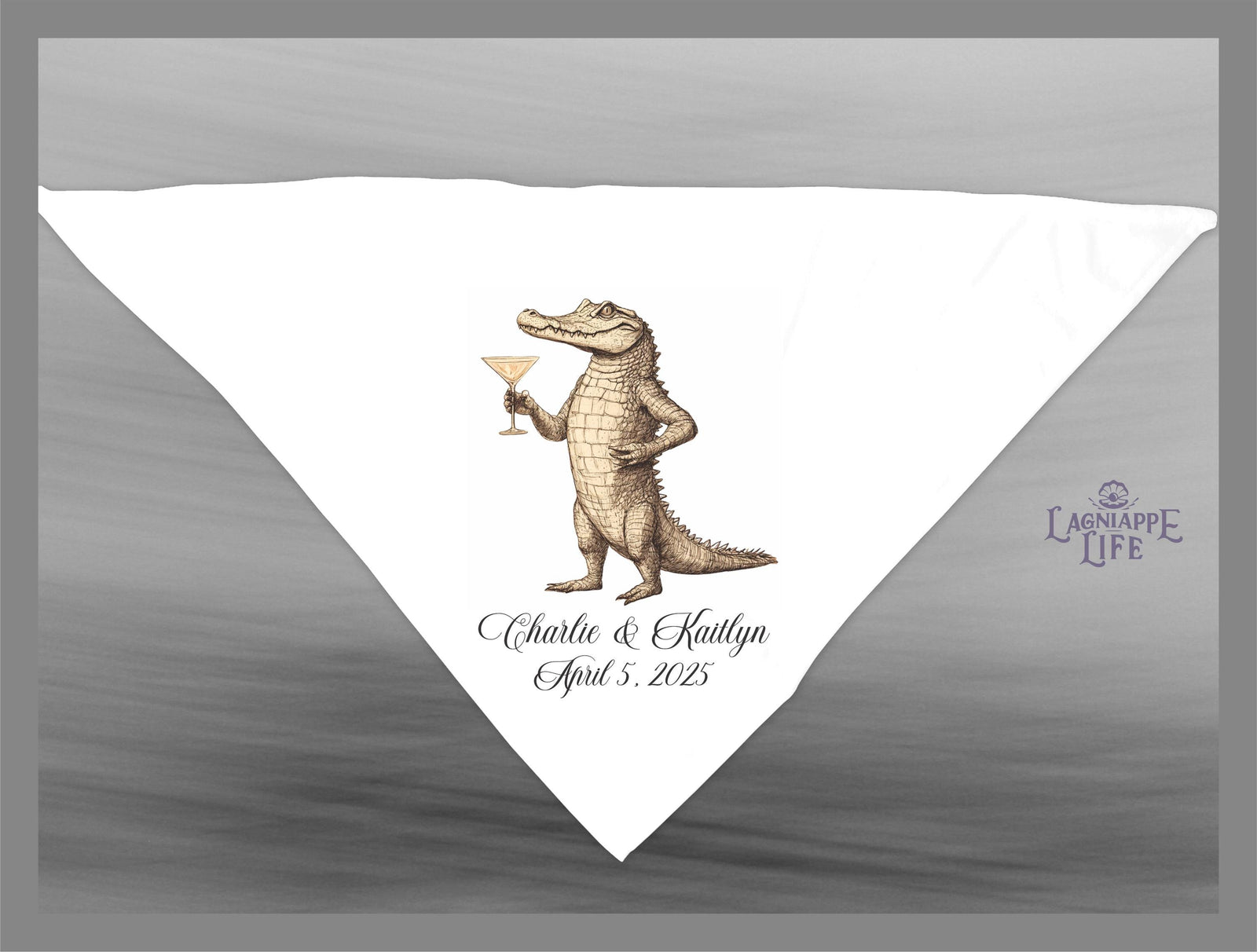 May include: A white wedding napkin with a cartoon alligator holding a martini glass. The text on the napkin reads &#39;Charlie & Kaitlyn April 5, 2025&#39;.