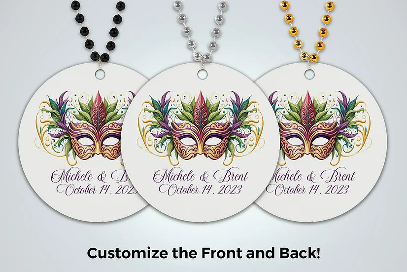Beautiful Mask Beads Personalized Wedding Second Line Bead Favors - Custom with your Design - Gold Silver Black or Pearl Bead Choices