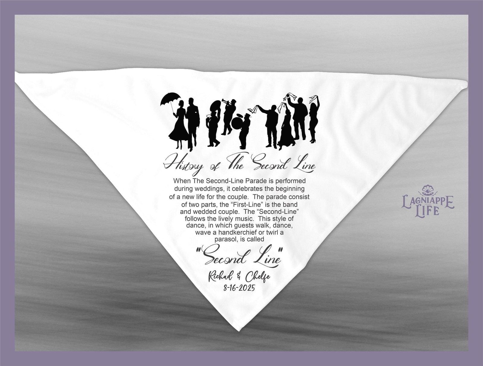 a white handkerchief with black silhouettes of people on it