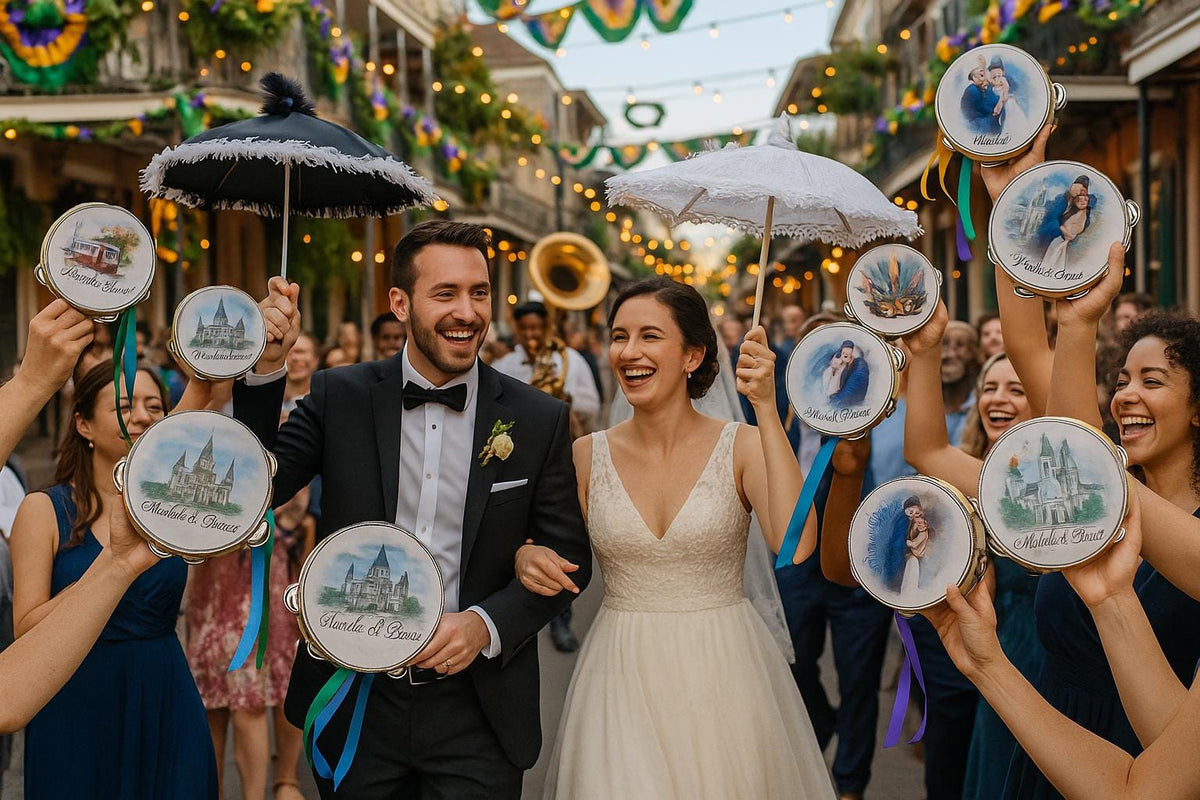 60 Custom Printed Tambourines for weddings seating, parties, and second lines Unique Wedding Favor Ribbon Not Included