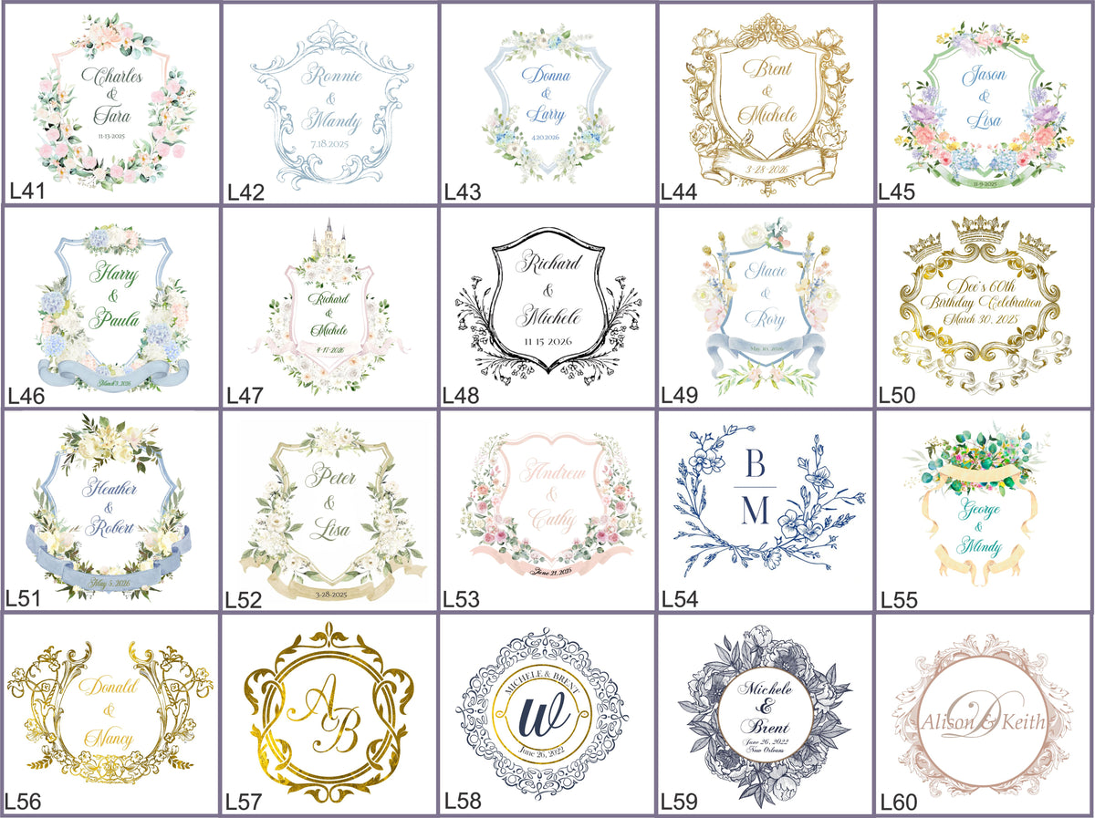a collection of ornate wedding invitations or seals, each featuring unique designs and text.