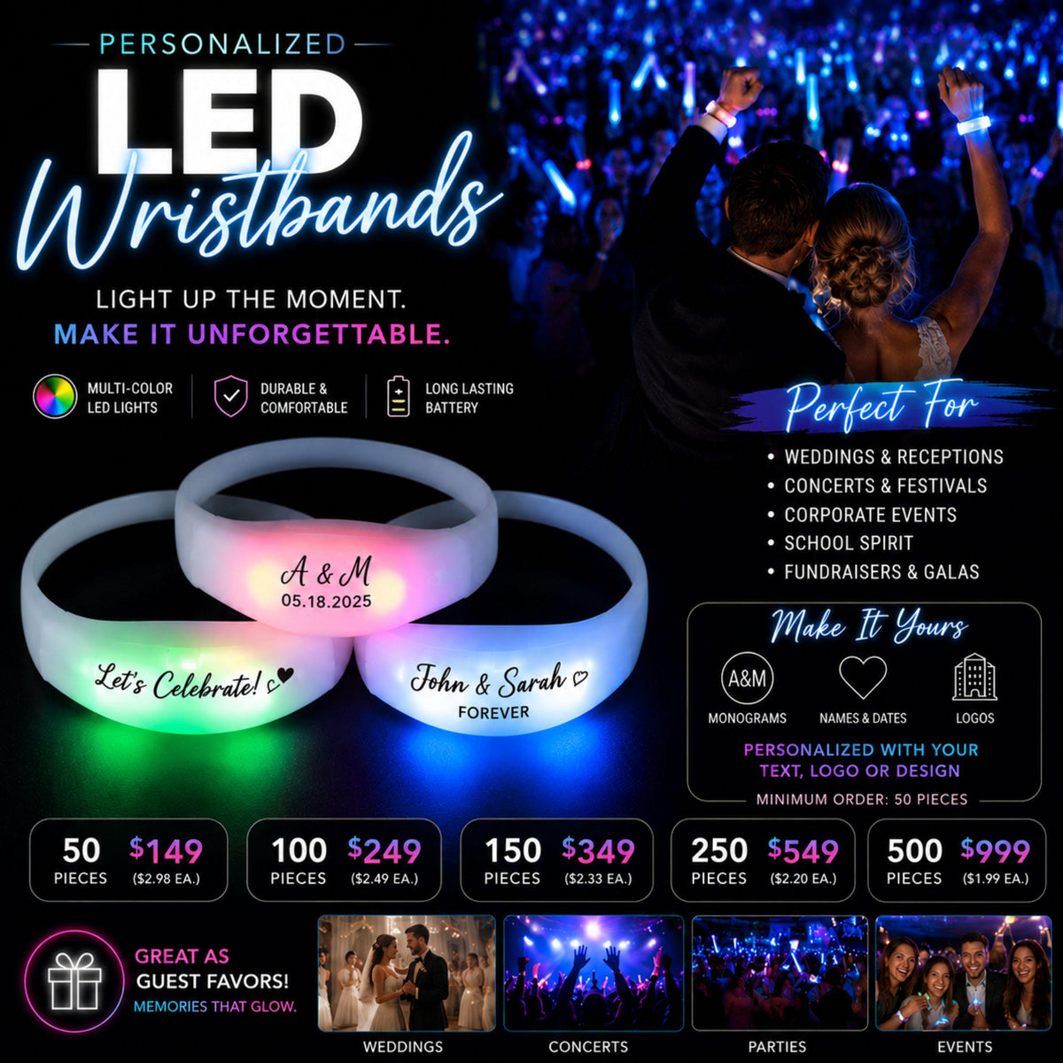 Custom LED Wristbands for Events, Personalized Party Favors, Light Up Bracelets