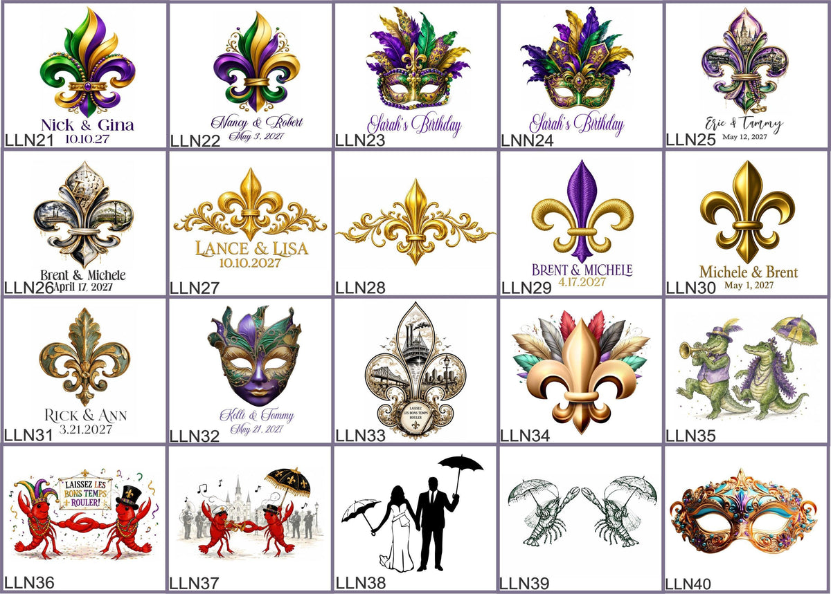 a collection of various artistic and decorative motifs, including masks, flowers, and other embellishments, which are likely to be used for special occasions such as weddings, birthdays, or other celebrations.