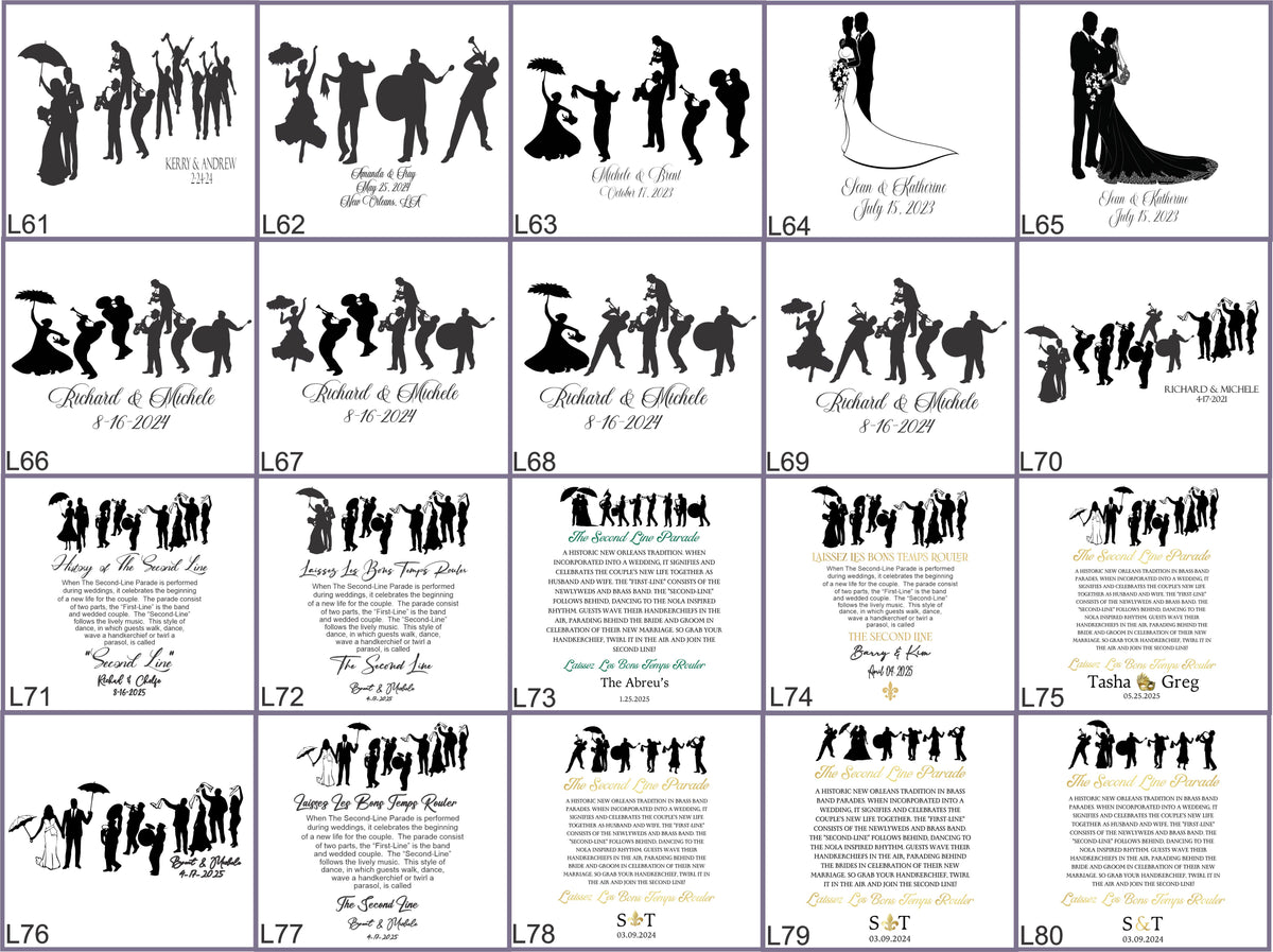 a collection of wedding-related images, including silhouettes of people, couples, and various wedding-related elements. The images are arranged in a grid format, with each image containing a different caption or description. The captions vary in length and detail, providing information about the wedding or the couple depicted in the images.