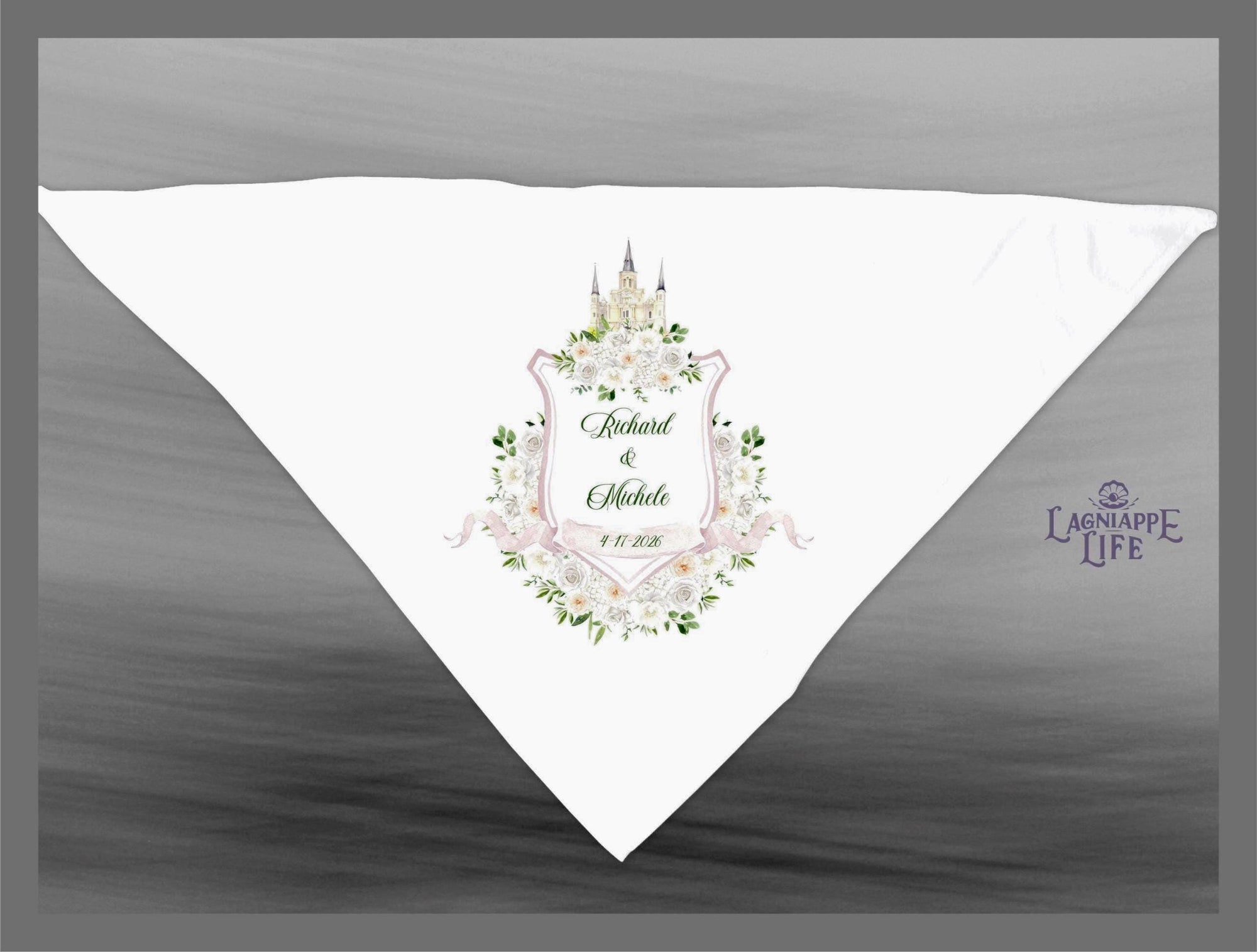 a white napkin with a picture of a castle on it