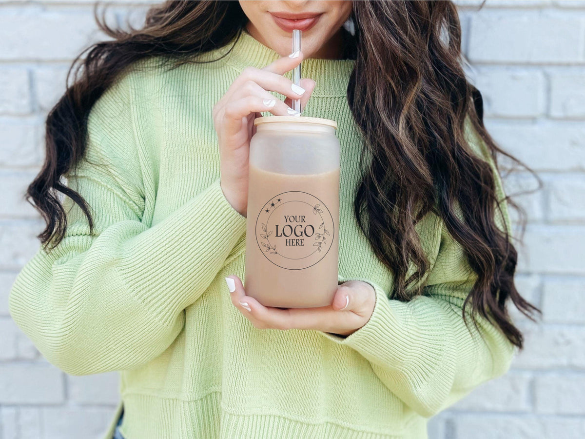 Personalized Glass Cup With Logo, Custom Clear and Frosted Glass Tumbler, Company Logo Cup, Business Corporate Company Coffee Cups, 16oz
