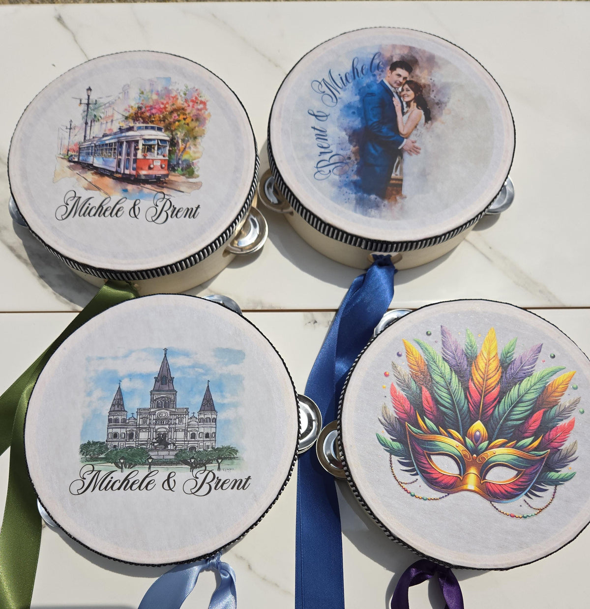 100 Custom Printed Tambourines for weddings seating, parties, and second lines Unique Wedding Favor Ribbon Not Included