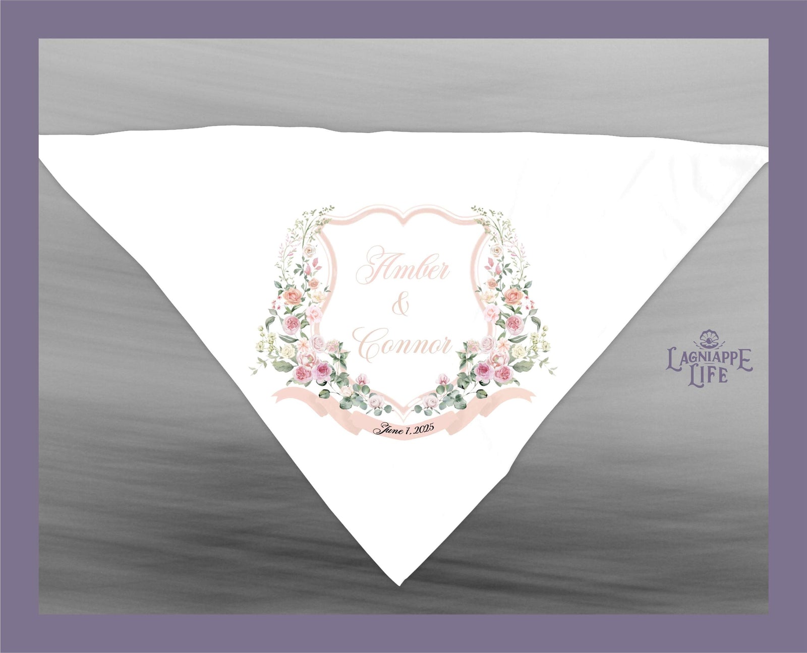 May include: A white wedding handkerchief with a pink floral design and a shield with the text 'Amber & Connor' and the date 'June 1, 2023'. The text 'Lagniappe Life' is in the bottom right corner.