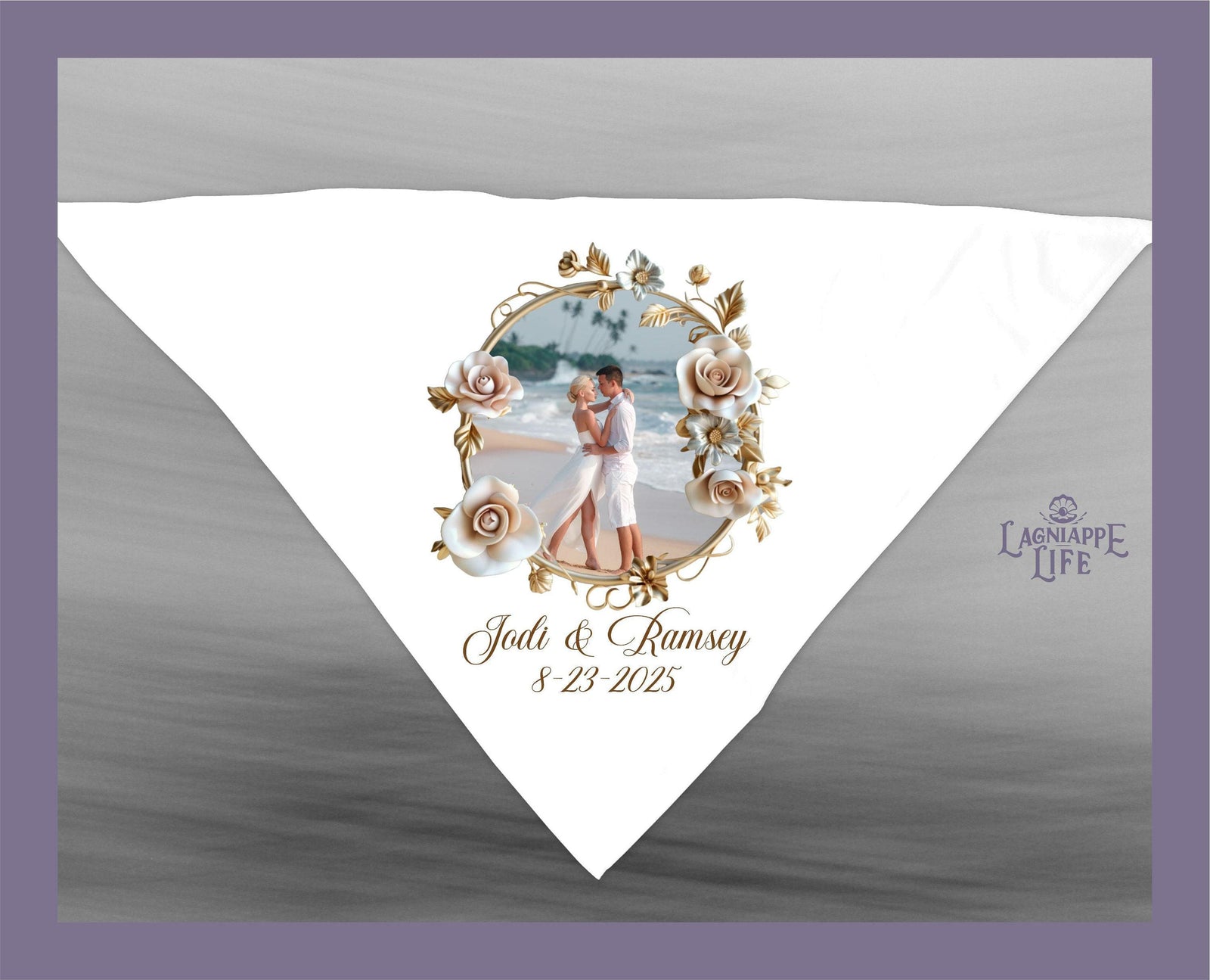 a picture of a couple on a wedding handkerchief