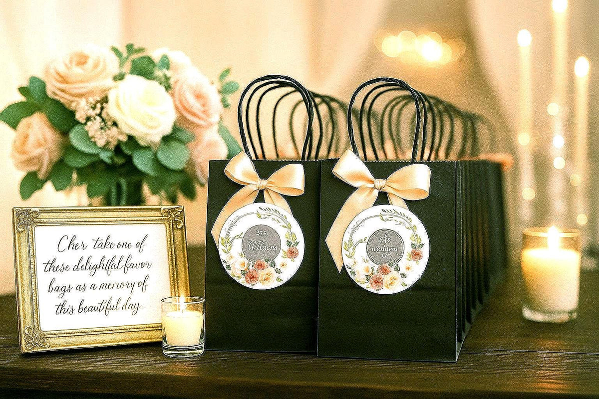 Black Welcome Bag for Wedding/Hotel Guests Favor Bag Personalized with your choice of Bag Color, Ribbon and Artwork
