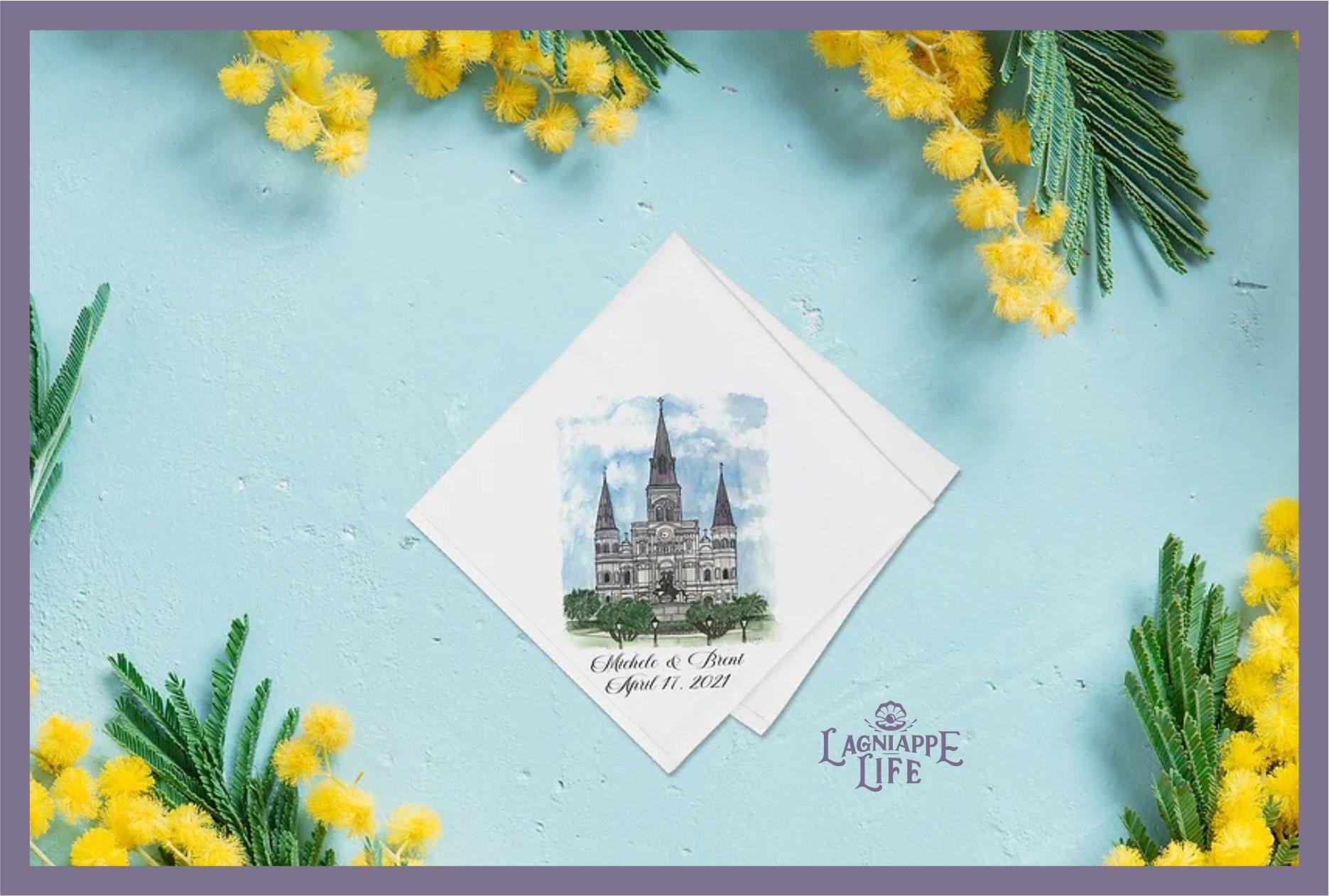 a napkin with a picture of a church on it