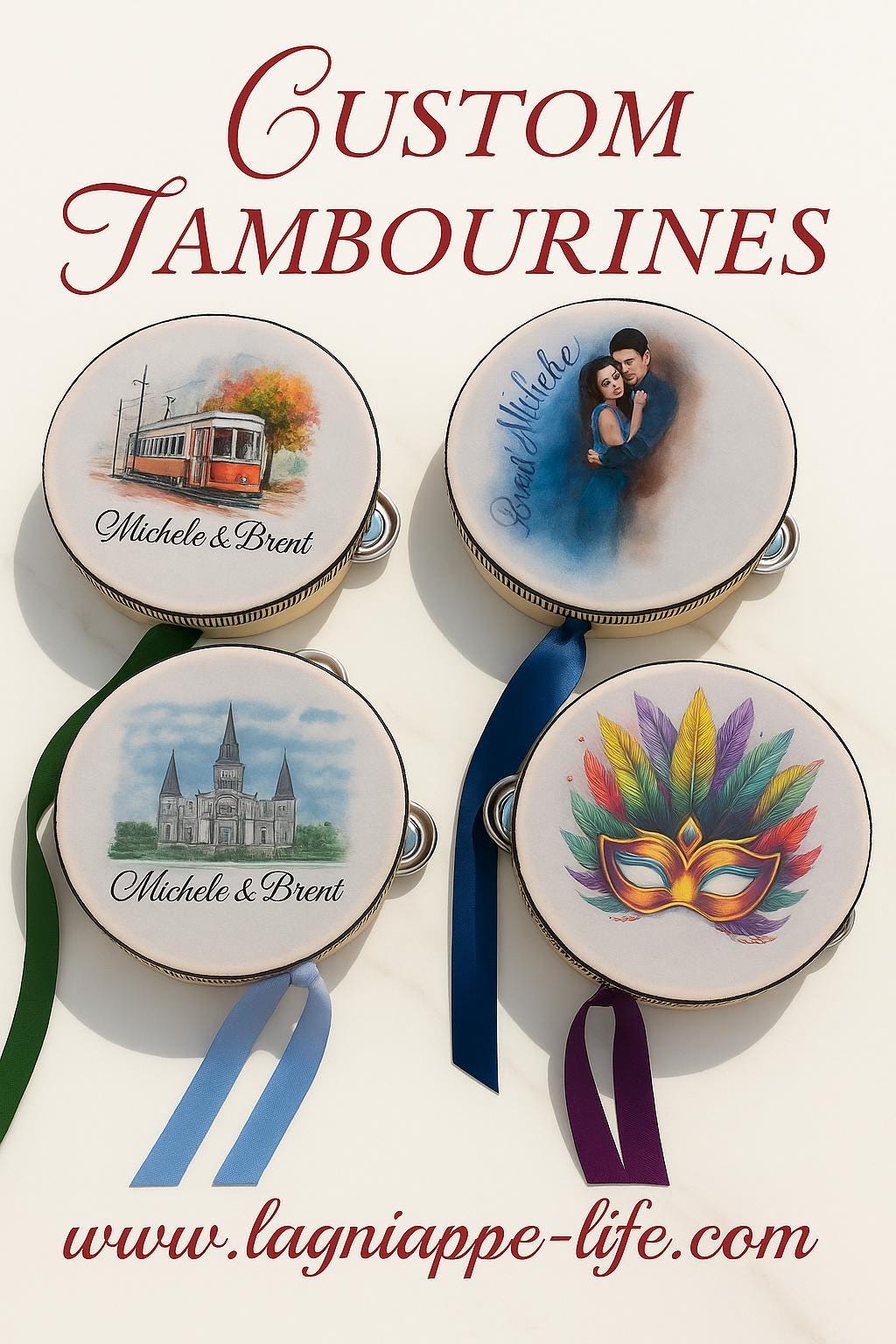 50 Custom Printed Tambourines for weddings seating, parties, and second lines Unique Wedding Favor Ribbon Not Included