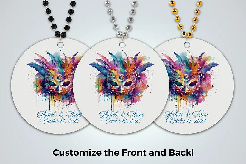 a set of three tags with a colorful mask on them