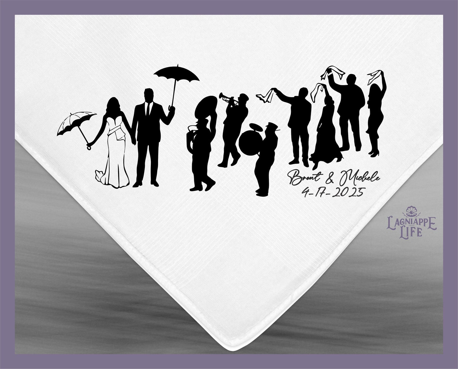 May include: Black silhouette of a wedding couple with a wedding party and a marching band. The text below the image reads &#39;Britt & Michele 4-17-2025&#39;.