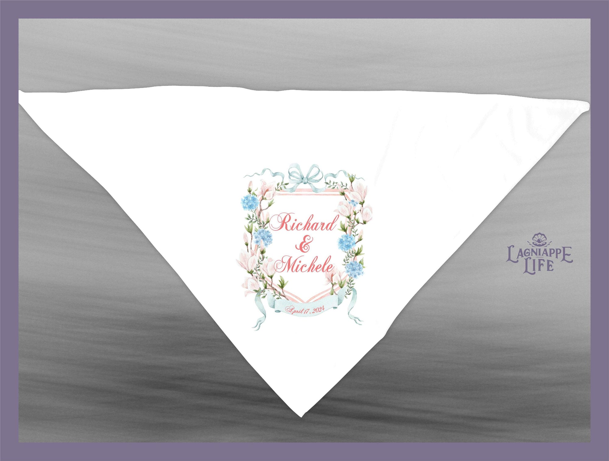 a white handkerchief with a floral design on it